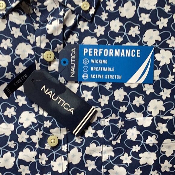 NAUTICA MENS STRETCH PERFORMANCE BUTTON DOWN COLLAR SHIRT ESTATE BLUE FLORAL SM - Picture 3 of 6